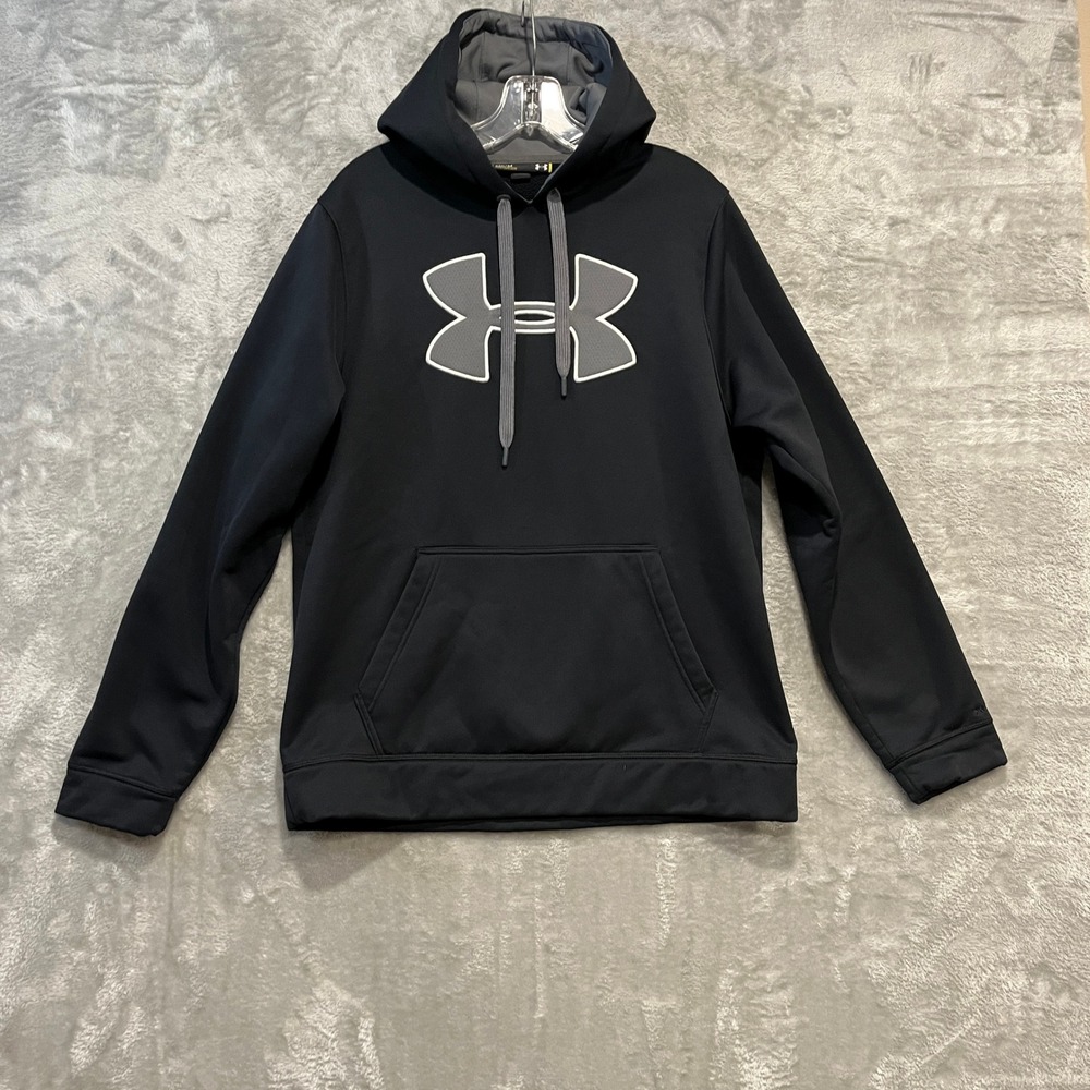 Under Armour Hoodie Mens Medium Black Grey Storm Fleece Logo Pullover